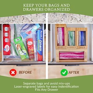 Bamboo Ziplock Baggies Organizer for Drawer - Food Ziplock Bag Storage Organizer - 4 Piece Bamboo Plastic Bag Ziplock Organizer for Drawer - Storage for Gallon, Quart, Sandwich & Snack Bags - LARGER Size Quart Container - Kitchen Ziplock Bag Organizer