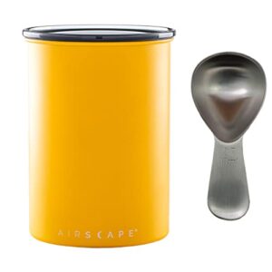 airscape stainless steel coffee canister & scoop bundle - food storage container - patented airtight lid pushes out excess air - preserve food freshness (medium, matte yellow & brushed steel scoop)