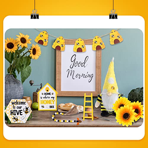 16 Pieces Bee Tiered Tray Decor Set Includes Bee Wooden Sign Sunflower Bee Gnomes Doll Wood Bead Garland with Tassel for Farmhouse Home Kitchen Decor