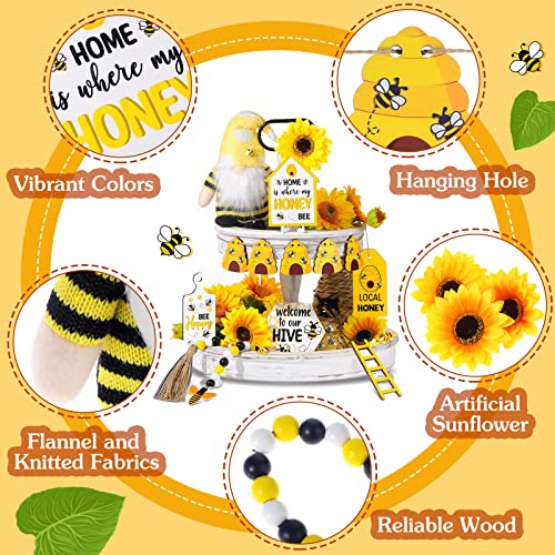 16 Pieces Bee Tiered Tray Decor Set Includes Bee Wooden Sign Sunflower Bee Gnomes Doll Wood Bead Garland with Tassel for Farmhouse Home Kitchen Decor