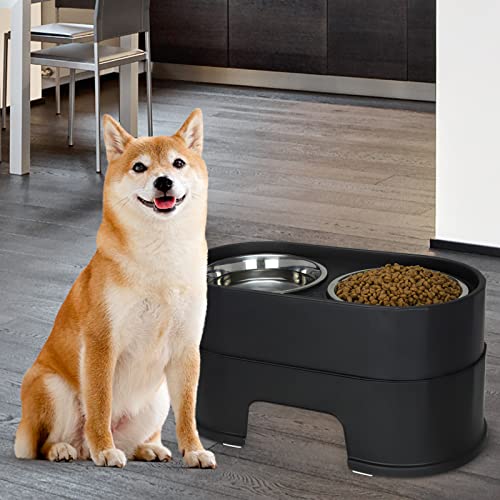 MASOCAT Raised Dog Bowls,Stainless Steel Dog Food Dish and Pet Water Bowls,Elevated Height Adjustable Double Bowl with Stand for Small Medium Dogs and Cats (Black)