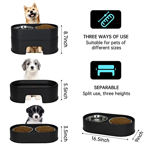 MASOCAT Raised Dog Bowls,Stainless Steel Dog Food Dish and Pet Water Bowls,Elevated Height Adjustable Double Bowl with Stand for Small Medium Dogs and Cats (Black)