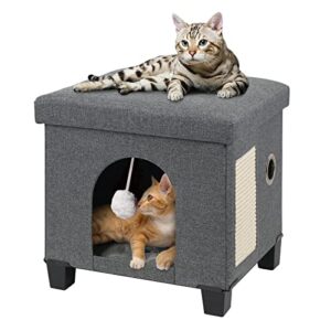 brian & dany foldable cat bed for indoor cats, large cat cube for pet cat house with cat scratch board & cat ball, 14.7” x 12.7” x 14.1”, grey