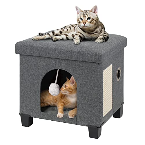 BRIAN & DANY Foldable Cat Bed for Indoor Cats, Large Cat Cube for Pet Cat House with Cat Scratch Board & Cat Ball, 14.7” x 12.7” x 14.1”, Grey