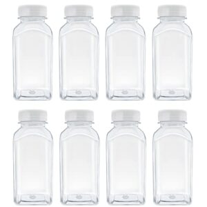 8 pcs 8 ounce plastic juice bottles, reusable bulk beverage containers for juice, milk and other beverages, white lid
