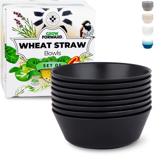 Grow Forward Premium Wheat Straw Bowls - 28 OZ Unbreakable Cereal Bowls Set of 8 - Lightweight Microwave Safe Bowls for Kitchen - Reusable Alternative to Plastic Bowls for Camping, RV - Midnight