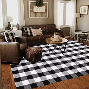 CAINANEL Buffalo Plaid Rugs 5' x 7' Cotton Black and White Check Rug Hand-Woven Indoor/Outdoor Area Rug for Welcome Door Mat, Front Porch,Kitchen,Bathroom,Entry Way,Living Room