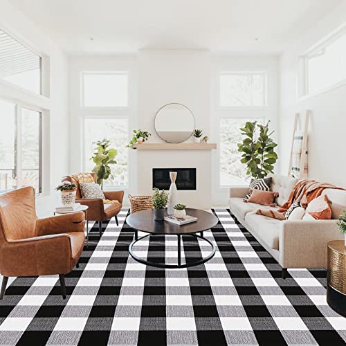 CAINANEL Buffalo Plaid Rugs 5' x 7' Cotton Black and White Check Rug Hand-Woven Indoor/Outdoor Area Rug for Welcome Door Mat, Front Porch,Kitchen,Bathroom,Entry Way,Living Room