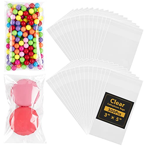 300Pcs Self Sealing Cellophane Bags, 3 × 5 Inches Clear Plastic Cello Bags Thick OPP Resalable Treat Bags for Packaging Bakery, Cookies, Goodies, Snacks, Candies, Party Favors, Handmade Soap