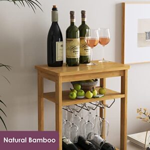 FOTOSOK Bamboo Floor Wine Rack, Freestanding Wine Bottle Organizer Shelves with Glass Holder Rack,16 Bottles, Wobble-Free Wine Display Storage Stand with Table Top for Kitchen Bar Dining Room, Natural