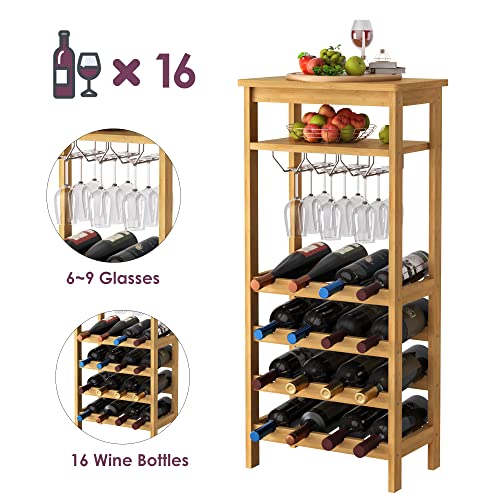 FOTOSOK Bamboo Floor Wine Rack, Freestanding Wine Bottle Organizer Shelves with Glass Holder Rack,16 Bottles, Wobble-Free Wine Display Storage Stand with Table Top for Kitchen Bar Dining Room, Natural
