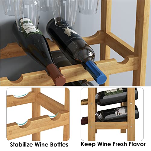 FOTOSOK Bamboo Floor Wine Rack, Freestanding Wine Bottle Organizer Shelves with Glass Holder Rack,16 Bottles, Wobble-Free Wine Display Storage Stand with Table Top for Kitchen Bar Dining Room, Natural