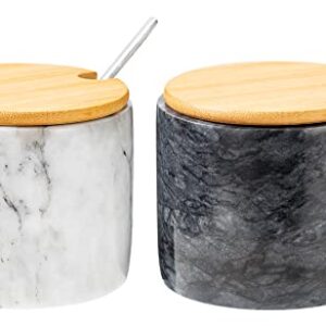 NHKRTE Marble Salt Cellar Set, 2 PCS 11oz Salt and Pepper bowls, Handcrafted from Natural Marble Gift for Mothers Day(White & Black Set)