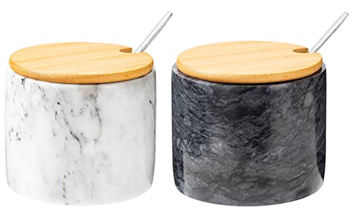 NHKRTE Marble Salt Cellar Set, 2 PCS 11oz Salt and Pepper bowls, Handcrafted from Natural Marble Gift for Mothers Day(White & Black Set)