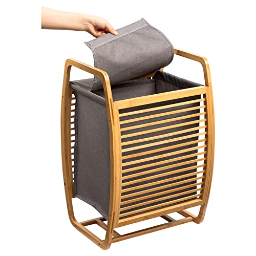 ALIMORDEN Bamboo Wood Laundry Hamper Sorter Cart, Portable And Large Capacity Waterproof Bamboo Dirty Clothes Basket, Gray