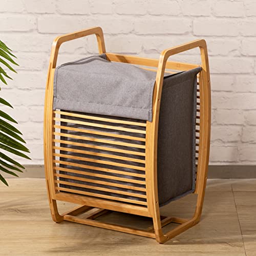 ALIMORDEN Bamboo Wood Laundry Hamper Sorter Cart, Portable And Large Capacity Waterproof Bamboo Dirty Clothes Basket, Gray