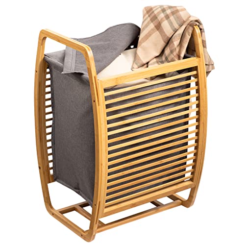 ALIMORDEN Bamboo Wood Laundry Hamper Sorter Cart, Portable And Large Capacity Waterproof Bamboo Dirty Clothes Basket, Gray