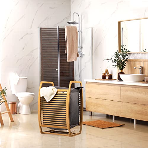 ALIMORDEN Bamboo Wood Laundry Hamper Sorter Cart, Portable And Large Capacity Waterproof Bamboo Dirty Clothes Basket, Gray