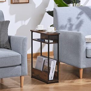 Vintage Narrow Side Table with Storage Shelf, 3 Tier Slim End Table Modern Sofa Table for Narrow and Small Spaces, 24.6 Inch Height Bedside Table Small Nightstand with Magazine Rack Space Saving