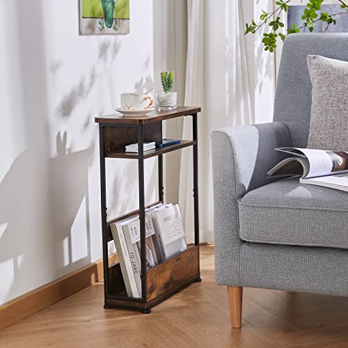 Vintage Narrow Side Table with Storage Shelf, 3 Tier Slim End Table Modern Sofa Table for Narrow and Small Spaces, 24.6 Inch Height Bedside Table Small Nightstand with Magazine Rack Space Saving