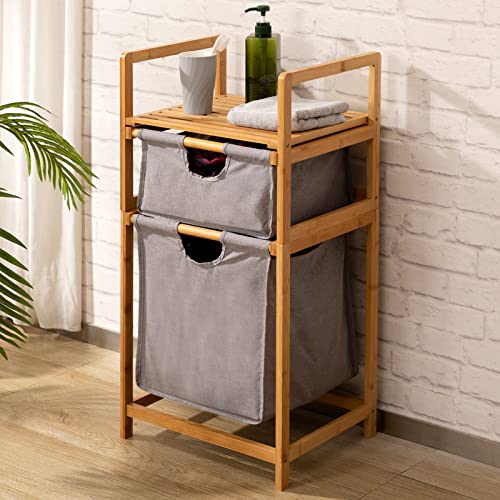 ALIMORDEN Natural Bamboo Freestanding Laundry Storage Basket, Household Laundry Basket with Bamboo Shelf, Laundry Storage Rack Dormitory, Gray