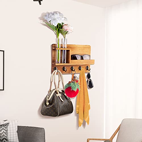 Key Holder for Wall, Wall Organizer, Wall-Mounted Key and Mail Holder with 2 Test Tube&5 Key Hooks Perfect for Entrance, Hallway, Doorway, Living Room, Home Decor