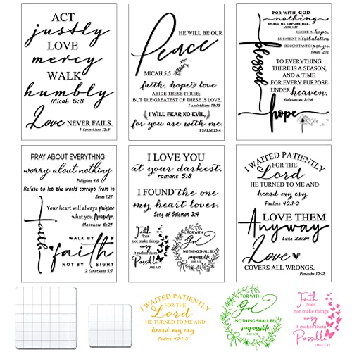 8 Pcs Christian Bible Verse Clear Rubber Stamps for Crafting, 6 Sheets Christian Bible Verse Clear Rubber Stamp and 2 Pcs Acrylic Stamp Blocks with Grid Line for DIY Journaling Card Making
