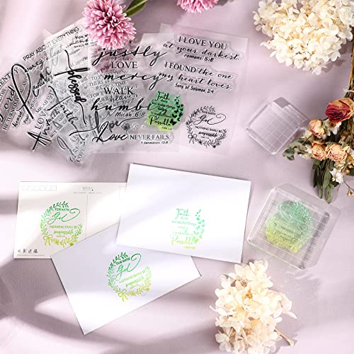 8 Pcs Christian Bible Verse Clear Rubber Stamps for Crafting, 6 Sheets Christian Bible Verse Clear Rubber Stamp and 2 Pcs Acrylic Stamp Blocks with Grid Line for DIY Journaling Card Making