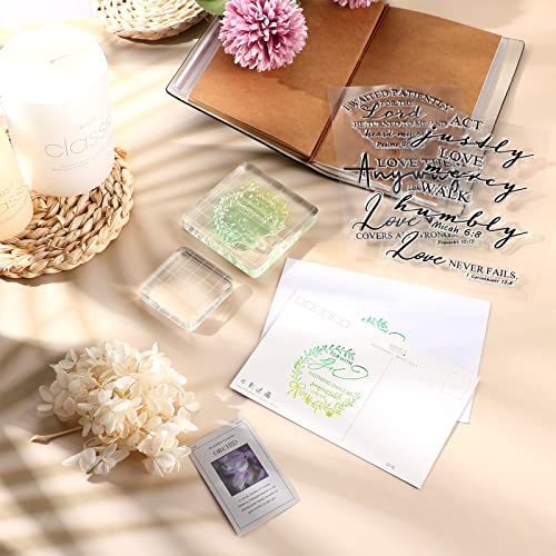 8 Pcs Christian Bible Verse Clear Rubber Stamps for Crafting, 6 Sheets Christian Bible Verse Clear Rubber Stamp and 2 Pcs Acrylic Stamp Blocks with Grid Line for DIY Journaling Card Making