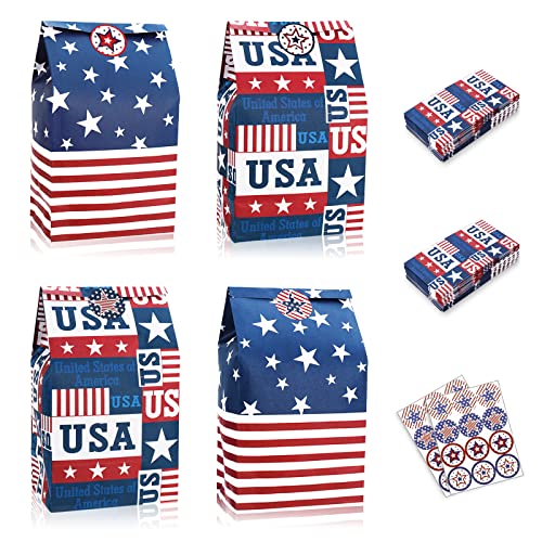 Whaline 36 Pack 4th of July Wrapped Treat Bags with Tag Stickers American Flag USA Party Favor Bags Patriotic Candy Bags Red Blue Kraft Paper Gift Bags for Independence Day Party Supplies Gift Wrap