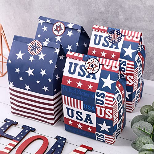 Whaline 36 Pack 4th of July Wrapped Treat Bags with Tag Stickers American Flag USA Party Favor Bags Patriotic Candy Bags Red Blue Kraft Paper Gift Bags for Independence Day Party Supplies Gift Wrap