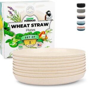 Grow Forward Premium Wheat Straw Plates - 10 Inch Hard Plastic Plates Reusable - Unbreakable Microwave Safe Deep Dinner Plates Set of 8 - Outdoor Plates for Patio, Camping, Picnic, Kids - Sahara