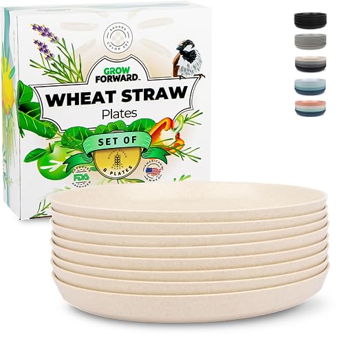 Grow Forward Premium Wheat Straw Plates - 10 Inch Hard Plastic Plates Reusable - Unbreakable Microwave Safe Deep Dinner Plates Set of 8 - Outdoor Plates for Patio, Camping, Picnic, Kids - Sahara