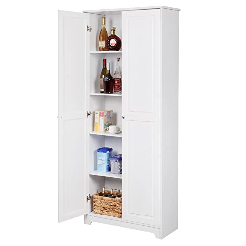 VINGLI Tall Pantry Storage Cabinet, 72'' Kitchen Pantry Cabinet, Freestanding Room Storage, Cupboard, 2 Door Pantry for Laundry Room, Kitchen, Apartment, Solid Wood, White