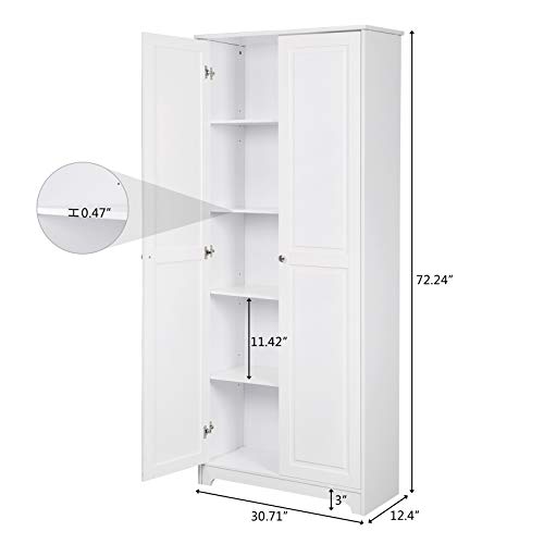 VINGLI Tall Pantry Storage Cabinet, 72'' Kitchen Pantry Cabinet, Freestanding Room Storage, Cupboard, 2 Door Pantry for Laundry Room, Kitchen, Apartment, Solid Wood, White