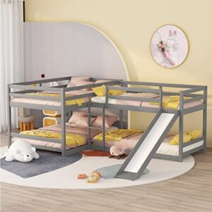 meritline quad bunk beds,wood l-shaped bunk beds with slide and ladder, 4 in1 full and twin size bunk bed for kids, teens, adults,grey