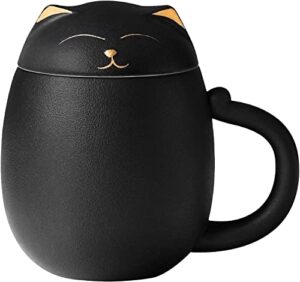 liywall - ceramic tea mug with infuser and lid, cat design handmade porcelain tea cup strainer with portable shockproof storage case for travel office home,wife girlfriend gift - black