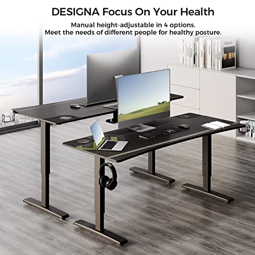 DESIGNA Manual Height Adjustable Home Office Computer Desk, 63 Inch Large Curved Edge Standing PC Gaming Table Workstation with Full Mouse Pad Controller Rack Cup Holder Headphone Hook, Black