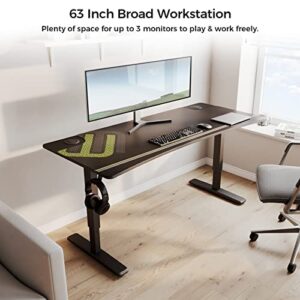 DESIGNA Manual Height Adjustable Home Office Computer Desk, 63 Inch Large Curved Edge Standing PC Gaming Table Workstation with Full Mouse Pad Controller Rack Cup Holder Headphone Hook, Black