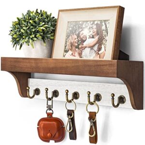 Rebee Vision Key Holder for Wall with Shelf - Farmhouse 2-Color Key Rack with 5 Retro Keys Hooks and Primitive Wood Mail Organizer Wall Mount - Decorative Rustic Home Decor (Brown & White)