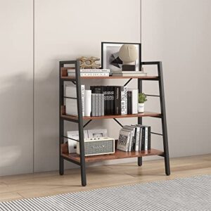 veryke 3 tier bookshelf industrial bookcase h ladder shelf storage shelves wood metal book rack unit for bedroom, living room(tigger brown)