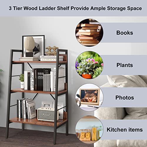 VERYKE 3 Tier Bookshelf Industrial Bookcase H Ladder Shelf Storage Shelves Wood Metal Book Rack Unit for Bedroom, Living Room(Tigger Brown)