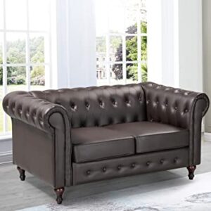 Container Furniture Direct Teressa Faux Leather Chesterfield Loveseat Sofa for Living Room, Apartment or Office, Two-Seater Mid Century Modern Couch for Small Spaces, 61" W, Brown