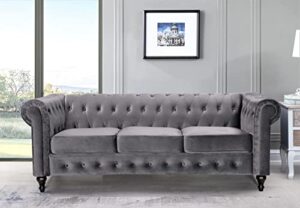 container furniture direct teressa velvet chesterfield sofa for living room, apartment or office, three seater mid century modern couch, 82" w, gray