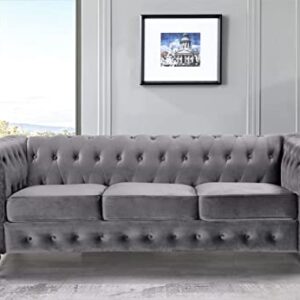 Container Furniture Direct Teressa Velvet Chesterfield Sofa for Living Room, Apartment or Office, Three Seater Mid Century Modern Couch, 82" W, Gray