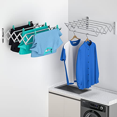 DOMPRO Wall Mounted Clothes Drying Rack Retractable Towel Rack Outdoor Stainless Steel 7 Towel Bar Compact Accordion Drying Rack Clothing for Bathroom/Laundry 110lb Capacity