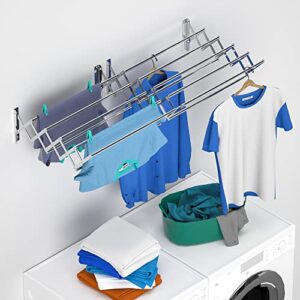 DOMPRO Wall Mounted Clothes Drying Rack Retractable Towel Rack Outdoor Stainless Steel 7 Towel Bar Compact Accordion Drying Rack Clothing for Bathroom/Laundry 110lb Capacity