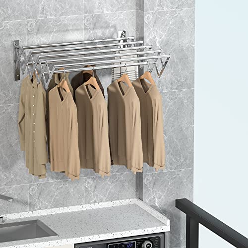 DOMPRO Wall Mounted Clothes Drying Rack Retractable Towel Rack Outdoor Stainless Steel 7 Towel Bar Compact Accordion Drying Rack Clothing for Bathroom/Laundry 110lb Capacity