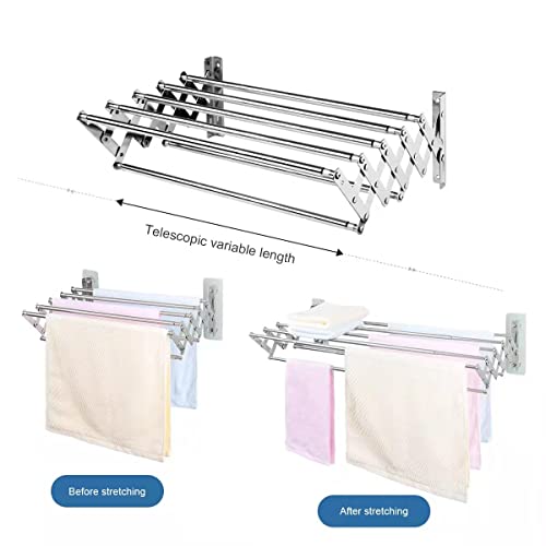 DOMPRO Wall Mounted Clothes Drying Rack Retractable Towel Rack Outdoor Stainless Steel 7 Towel Bar Compact Accordion Drying Rack Clothing for Bathroom/Laundry 110lb Capacity