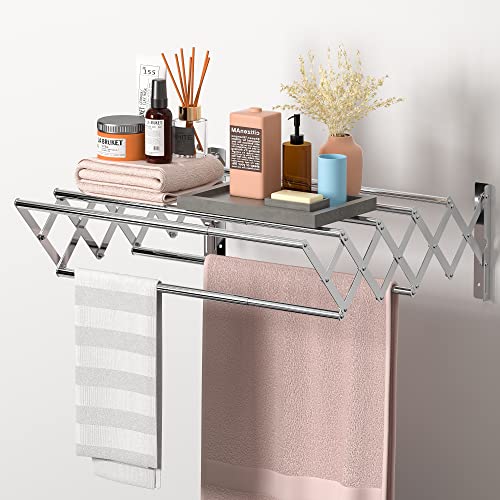 DOMPRO Wall Mounted Clothes Drying Rack Retractable Towel Rack Outdoor Stainless Steel 7 Towel Bar Compact Accordion Drying Rack Clothing for Bathroom/Laundry 110lb Capacity